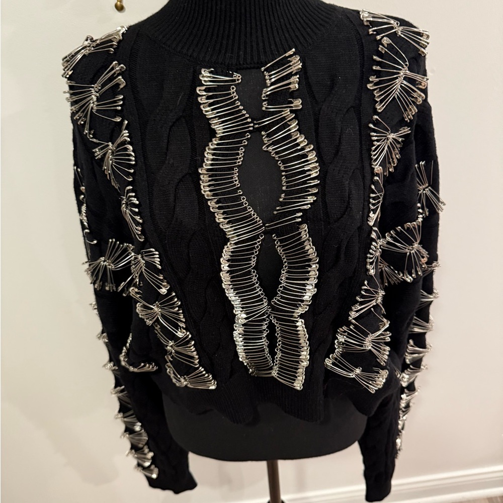 Sexy Black Sweater with Silver safety pin Accents